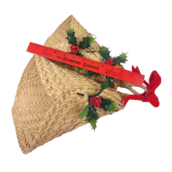 Boho Christmas Woven Straw Double Bells Wall Door Decor Red Bow Holly Berry VTG - Picture 8 of 9